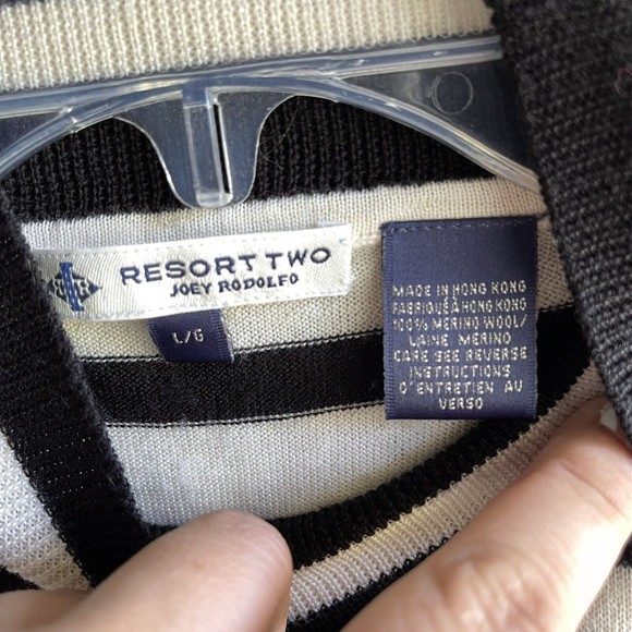 Resort Two Joey Rodolfo Merino Wool Turtle Neck Top Size L Bkack Ivory Striped - Picture 6 of 7